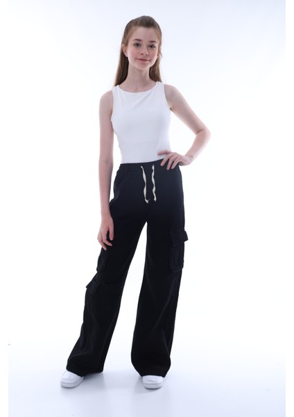 Kız Çocuk Oversize Kargo Cepli %100 Pamuk Beli Lastikli Siyah Kot PANTOLON-PNT-2042 fiyatları