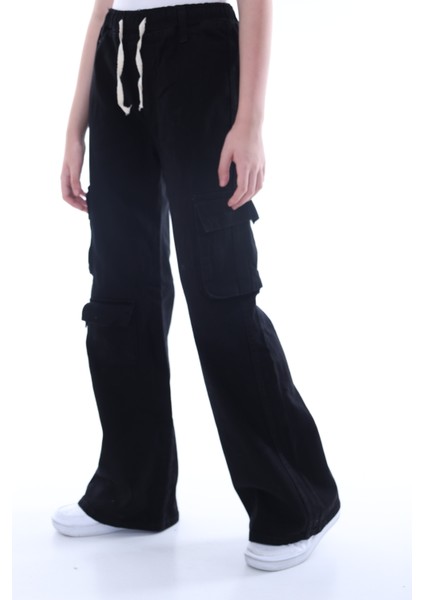 Kız Çocuk Oversize Kargo Cepli %100 Pamuk Beli Lastikli Siyah Kot PANTOLON-PNT-2042 fırsatları