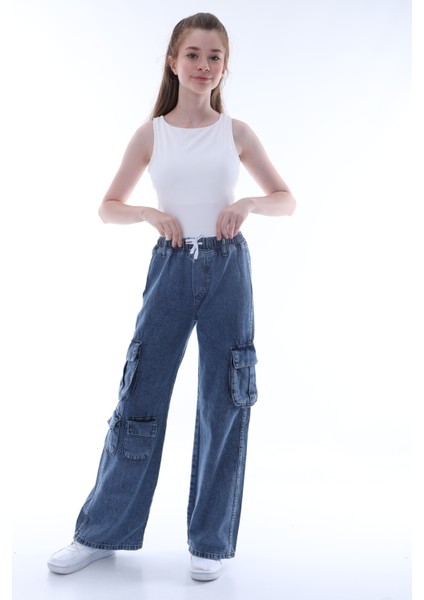 Kız Çocuk Pamuk Denim Oversizegeniş Kesim Kargo Koyu Mavi Kot Pantolon -PNT-2042 fiyatları