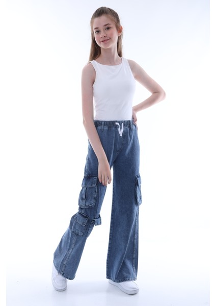 Kız Çocuk Pamuk Denim Oversizegeniş Kesim Kargo Koyu Mavi Kot Pantolon -PNT-2042 fırsatları