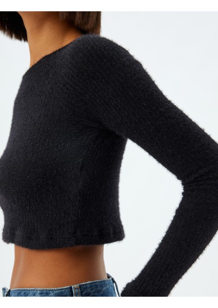 Uzun Kollu Tişört Crop Kayık Yaka Yumuşak Dokulu Slim Fit indirimleri