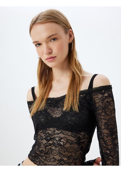 Dantelli Tişört Uzun Kollu Madonna Yaka Slim Fit