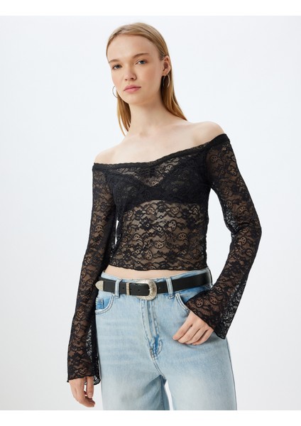 Dantelli Tişört Uzun Kollu Madonna Yaka Slim Fit modelleri