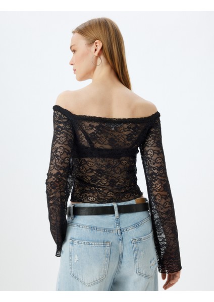 Dantelli Tişört Uzun Kollu Madonna Yaka Slim Fit fırsatları