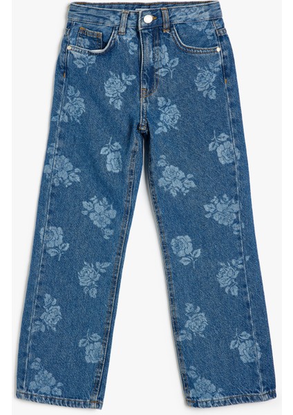 Kot Pantolon Çiçek Baskılı Cep Detaylı Pamuklu