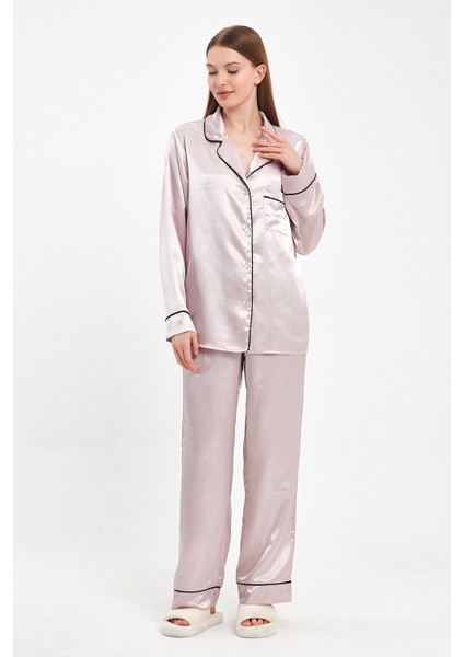 Kadın Pudra-Siyah Uzun Kollu Saten Düğmeli Cepli Biyeli Pijama Takım