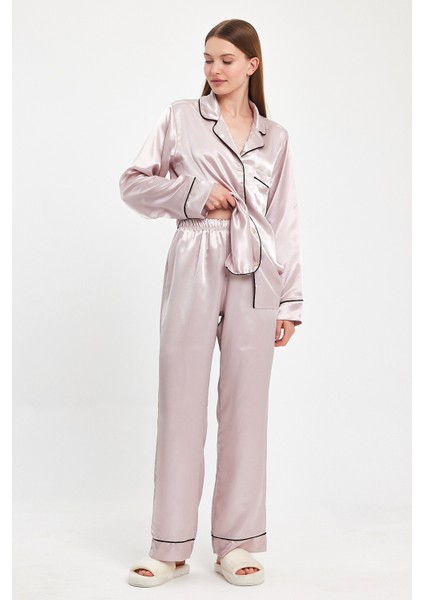 Kadın Pudra-Siyah Uzun Kollu Saten Düğmeli Cepli Biyeli Pijama Takım modelleri