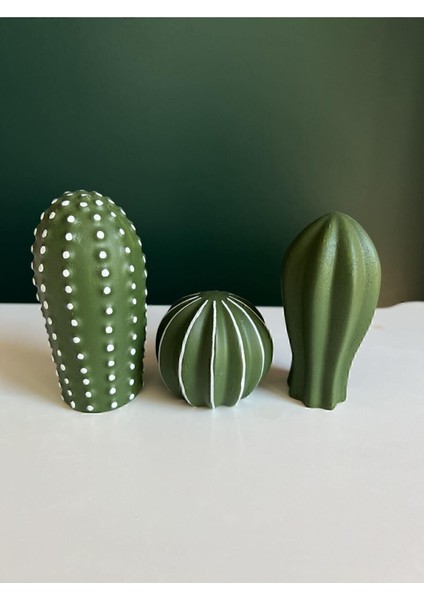 3'lü Kaktüs Biblo Seti, Doğal Taş, Beyaz, 10x15 cm, Dekoratif ve Şık Hediye