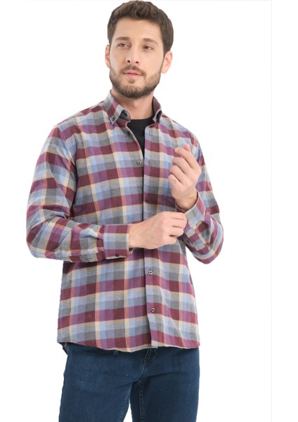 Erkek Bordo Kareli Kışlık Yünlü Cepli Geniş Kesim Gömlek