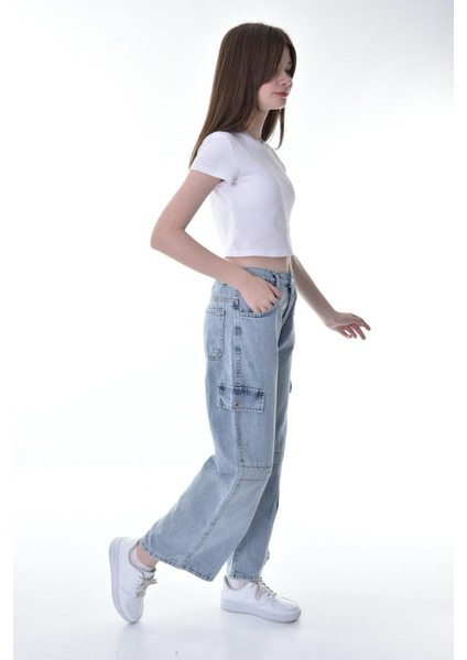 Kız Çocuk Wide Leg %100 Pamuk Kargo Model Buz Mavi Kot PANTOLON-PNT-2039