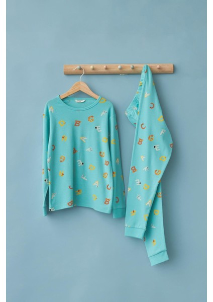 Alfabe Desen Çocuk Pijama Takımı Turkuaz