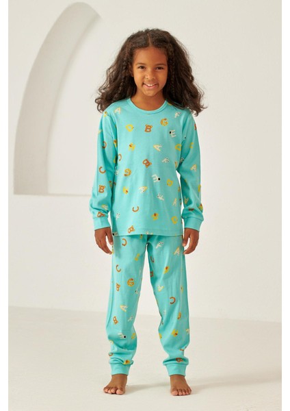 Alfabe Desen Çocuk Pijama Takımı Turkuaz