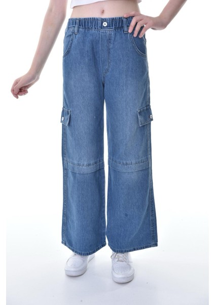 Kız Çocuk Wide Leg %100 Pamuk Kargo Model Koyu Mavi Kot PANTOLON-PNT-2039