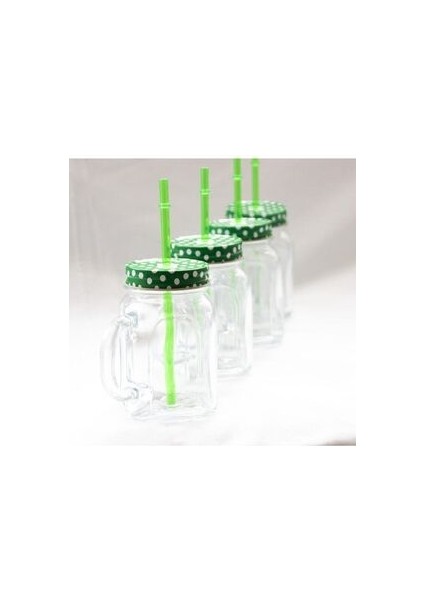Yeşil Metal Kapaklı Pipetli Kulplu Kavanoz Bardak 4 Adet TYC00156906261 FMA03281