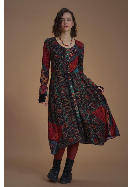 Siyah Bohem Desenli Uzun Kollu Asimetrik Kesim Kışlık Kadın Elbise fiyatları