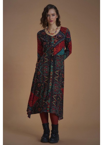 Siyah Bohem Desenli Uzun Kollu Asimetrik Kesim Kışlık Kadın Elbise modelleri