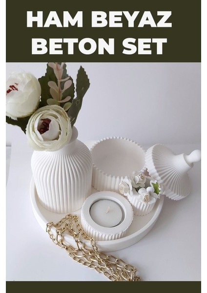 Tekno Trust Minimal Beyaz Beton Dekoratif Set. Vazo, Sunum Tepsisi, Kapaklı Kutu, Mini Mumluk ve Mini Çiçeklik