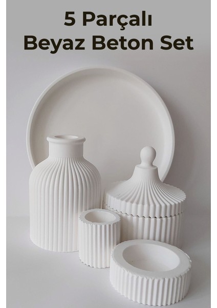Tekno Trust Minimal Beyaz Beton Dekoratif Set. Vazo, Sunum Tepsisi, Kapaklı Kutu, Mini Mumluk ve Mini Çiçeklik