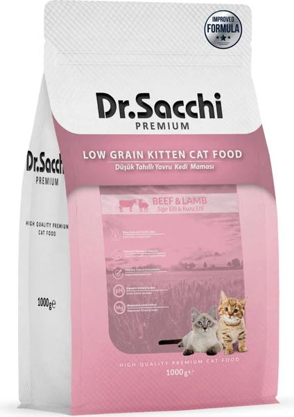 Dr. Sacchi Premium Düşük Tahıllı Sığır Etli ve Kuzu Etli Yavru Kedi Maması 1 kg