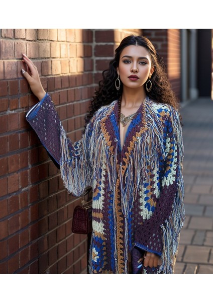 Hippybutik Çok Renkli Hippy Tarzı Tığ Dokuma Elişi Tasarım Püsküllü Hırka Astarsız Ceket /hırka