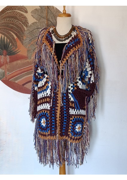 Hippybutik Çok Renkli Hippy Tarzı Tığ Dokuma Elişi Tasarım Püsküllü Hırka Astarsız Ceket /hırka fırsatları
