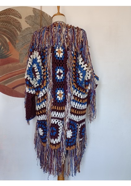 Hippybutik Çok Renkli Hippy Tarzı Tığ Dokuma Elişi Tasarım Püsküllü Hırka Astarsız Ceket /hırka indirimleri