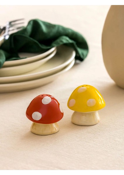 Ekru Baskılı Mantar Model Seramik Tuzluk ve Biberlik Renkli