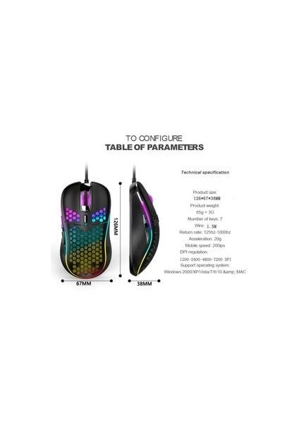 Rgb LED Işıklı Oyuncu Mouse Gaming 800-2400 Dpi 0 Oyun Mouse Mat Siyah