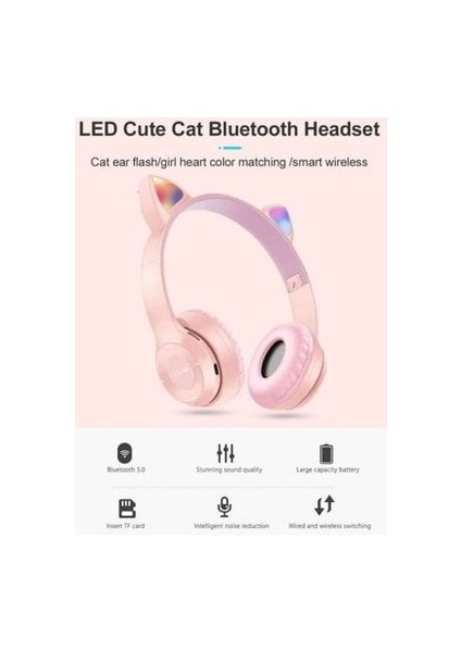 P47M Bluetooth Kedi Kulaklık Katlanabilir Sd Kart Girişli Mikrofonlu Kablosuz LED Işıklı Kulaklık