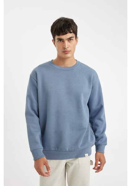 Mavi Oversize Geniş Kalıp Bisiklet Yaka Kalın Kumaş Basic Düz Sweatshirt T5139AZ24AU