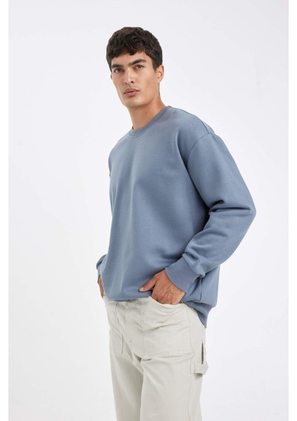 Mavi Oversize Geniş Kalıp Bisiklet Yaka Kalın Kumaş Basic Düz Sweatshirt T5139AZ24AU