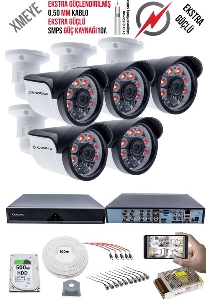 5 Kameralı Güvenlik Kamera Seti - Ekstra Uzun Mesafeli Güçlü, 5mp Sony Lens, 70M Dayanıklı Kablolama, 6 Atom Led, 500 H.d.d