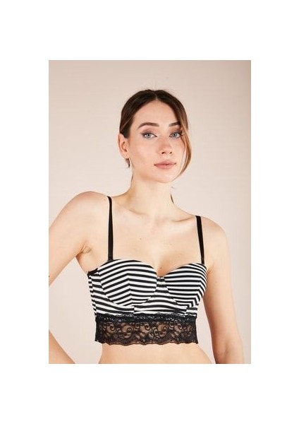Push -Up Dolgulu Dantelli Siyah Çizgili Straplez Büstiyer fiyatları