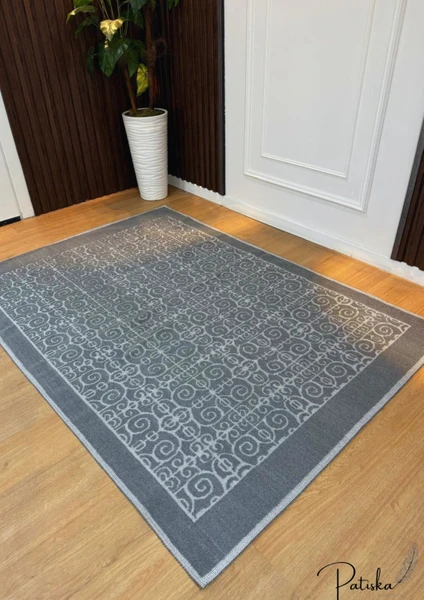 Özlü Home Patiska Yıkanabilir Kaymaz Dekoratif Spiral Desen Pamuk Bukle Kilim Antrasit