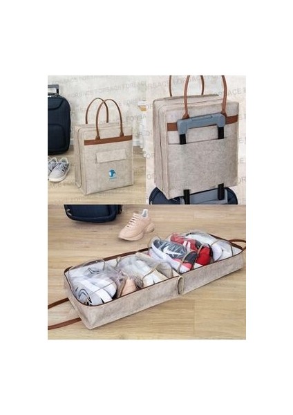 Derili Kulplu Pratik Ayakkabı Seyahat Valiz Çantası Bej