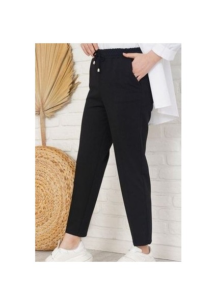 Beli Lastikli Bilek Boy Pantolon 1065 Siyah