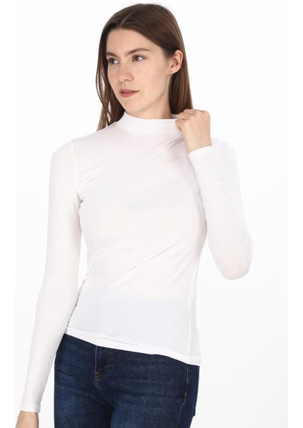 Kadın Viskon Dik Yaka Slim Fit Tişört-Beyaz