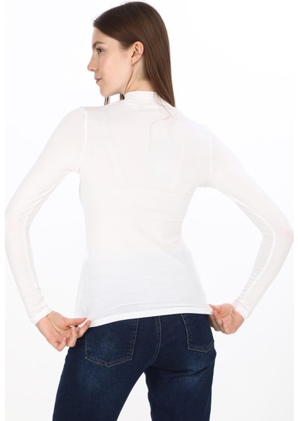 Kadın Viskon Dik Yaka Slim Fit Tişört-Beyaz fırsatları