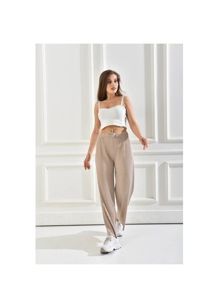 Kadın Ribana Kumaş Fitilli Pantolon Bej