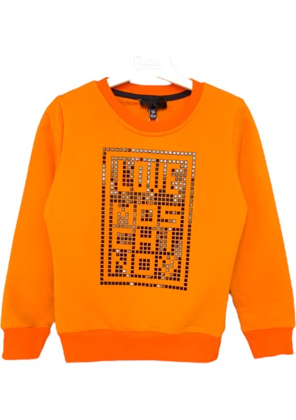 Kız Çocuk Parlak Taşlı Yazı Işlemeli Turuncu Şık Mevsimlik Sweatshirt