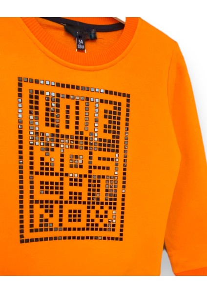 Kız Çocuk Parlak Taşlı Yazı Işlemeli Turuncu Şık Mevsimlik Sweatshirt fiyatları