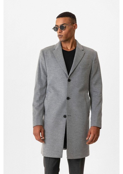 Gri Slim Fit Ceket Yaka Erkek Kaban