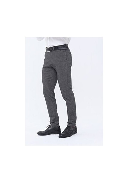 Erkek Casual Chino Pantolon Slim Fit Gri Pamuklu Desenli 4 Cep