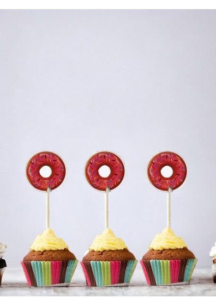 Donut Temalı Kürdan Cupcake Kürdanı Pasta Süsü Kırmızı 24'lü