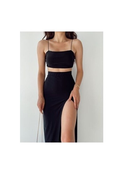 Kadın Siyah Ip Askılı Crop Yırtmaçlı Etek Takım fiyatları