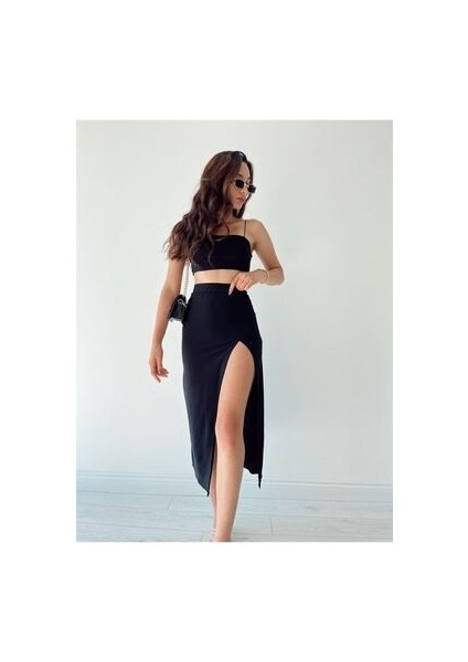 Kadın Siyah Ip Askılı Crop Yırtmaçlı Etek Takım modelleri