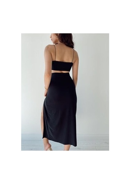 Kadın Siyah Ip Askılı Crop Yırtmaçlı Etek Takım fırsatları