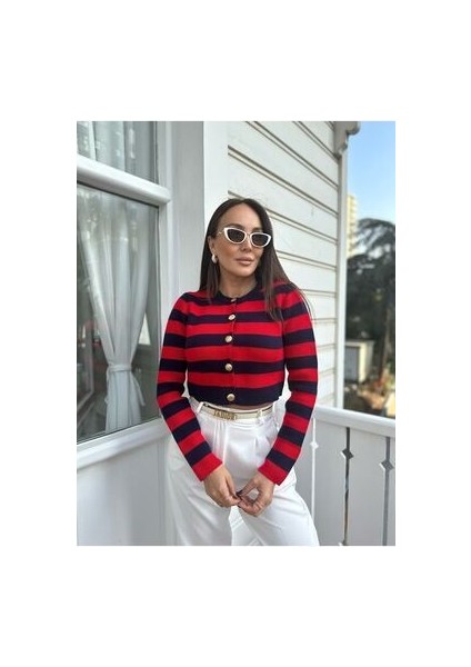 Kırmızı Lacivert Şeritli Kısa Hırka