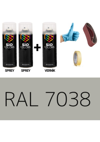 2 Adet Sprey +1 Adet Vernik Akik Gri RAL-7038 Sprey Boya Seti 400 Ml+Zımpara+Kağıtbant+Eldiven