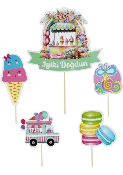 Makaron Dondurma Temalı Kürdan Figürlü Cupcake Kürdanı Pasta Süsü 5'li